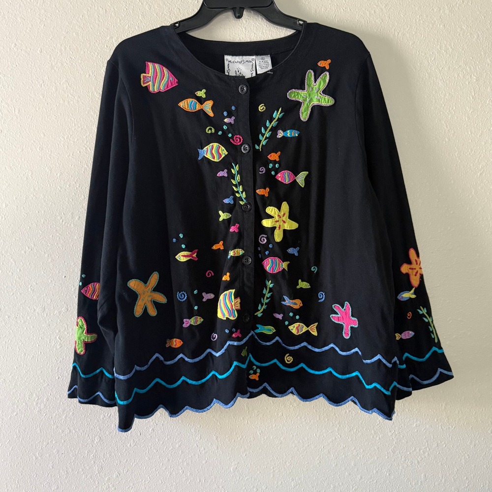 Michael Simon Lite Black Cotton Embroidered Fish Starfish Cardigan XL Vintage